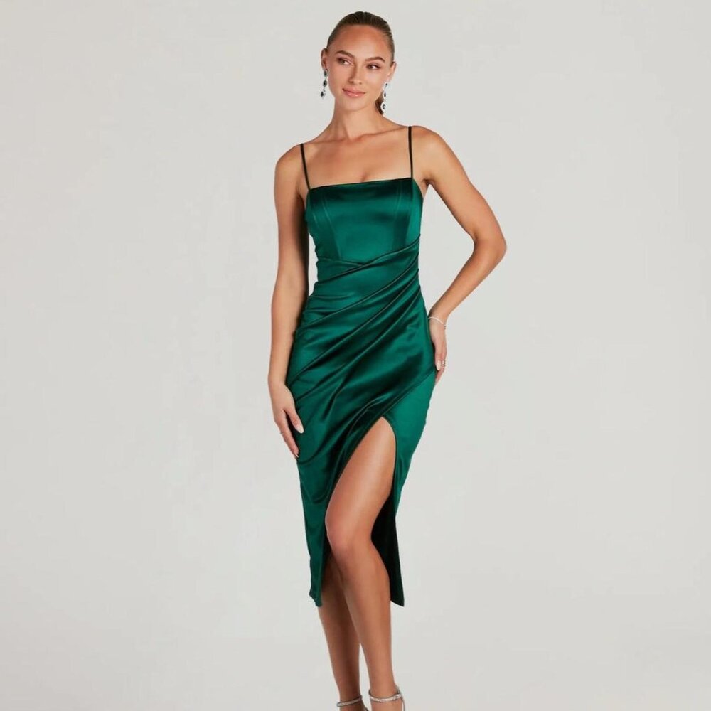 NWT Windsor Hunter Green Satin Slit Dress — Size S